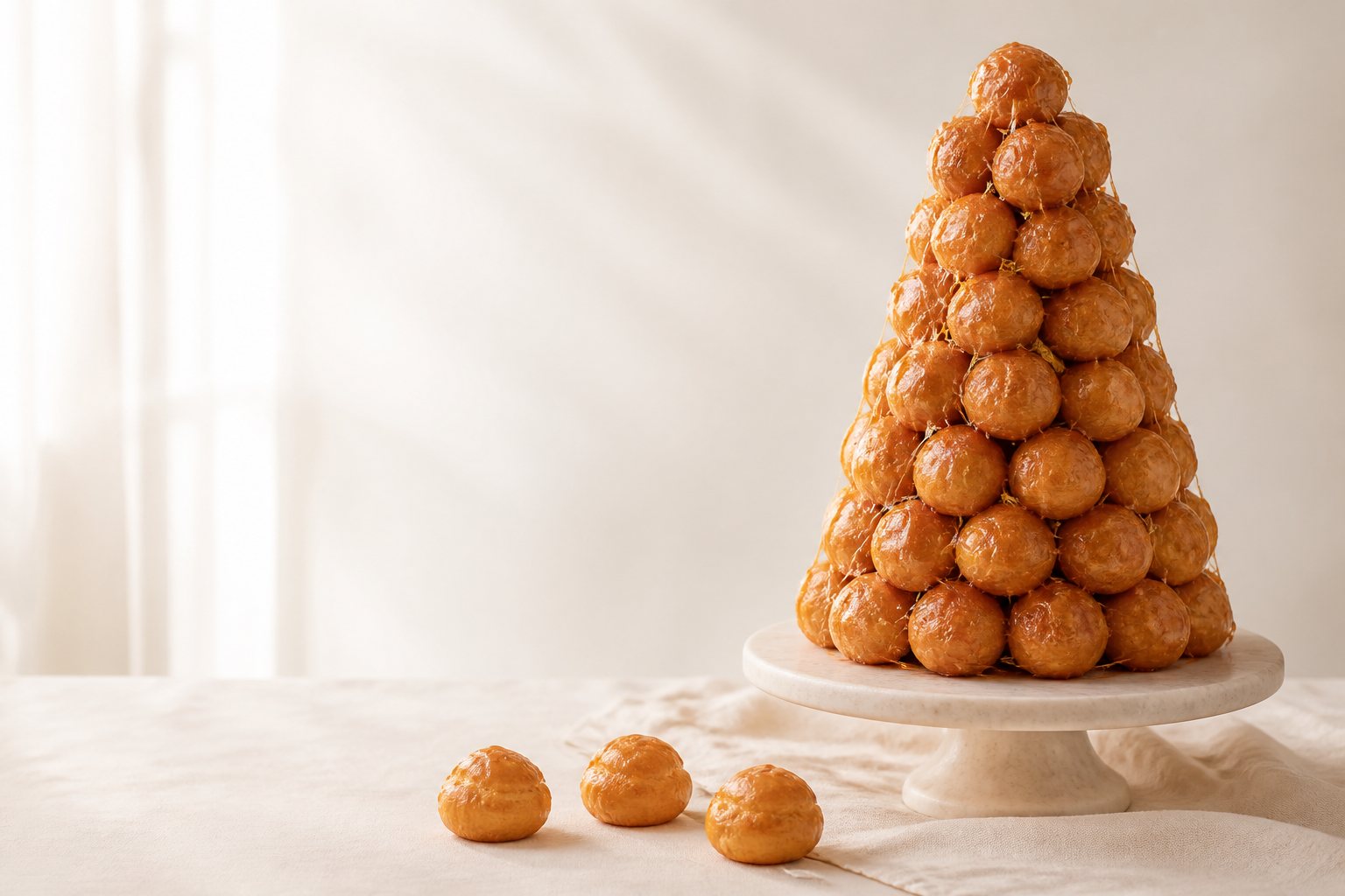 Croquembouche dan cream puff dalam pencahayaan studio yang hangat